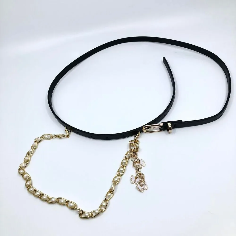 Vintage Y2K Coquette Butterfly Pearl Chain Belt, Fits 33.5–36 Inches, X7GA1194